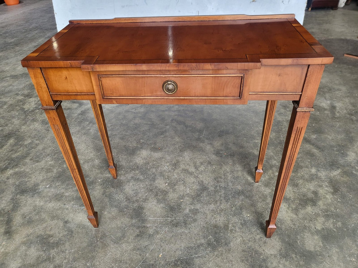 Antique repro Yew small breakfront table desk drawer