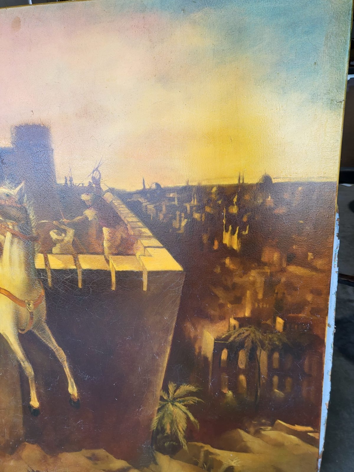 Very large painting oleograph canvas Arab Turkish Fort
