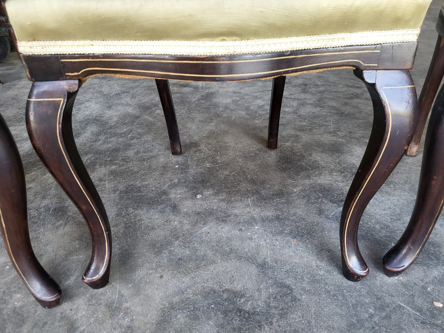 Four Antique Edwardian silk inlaid dining chairs cabriole legs sprung