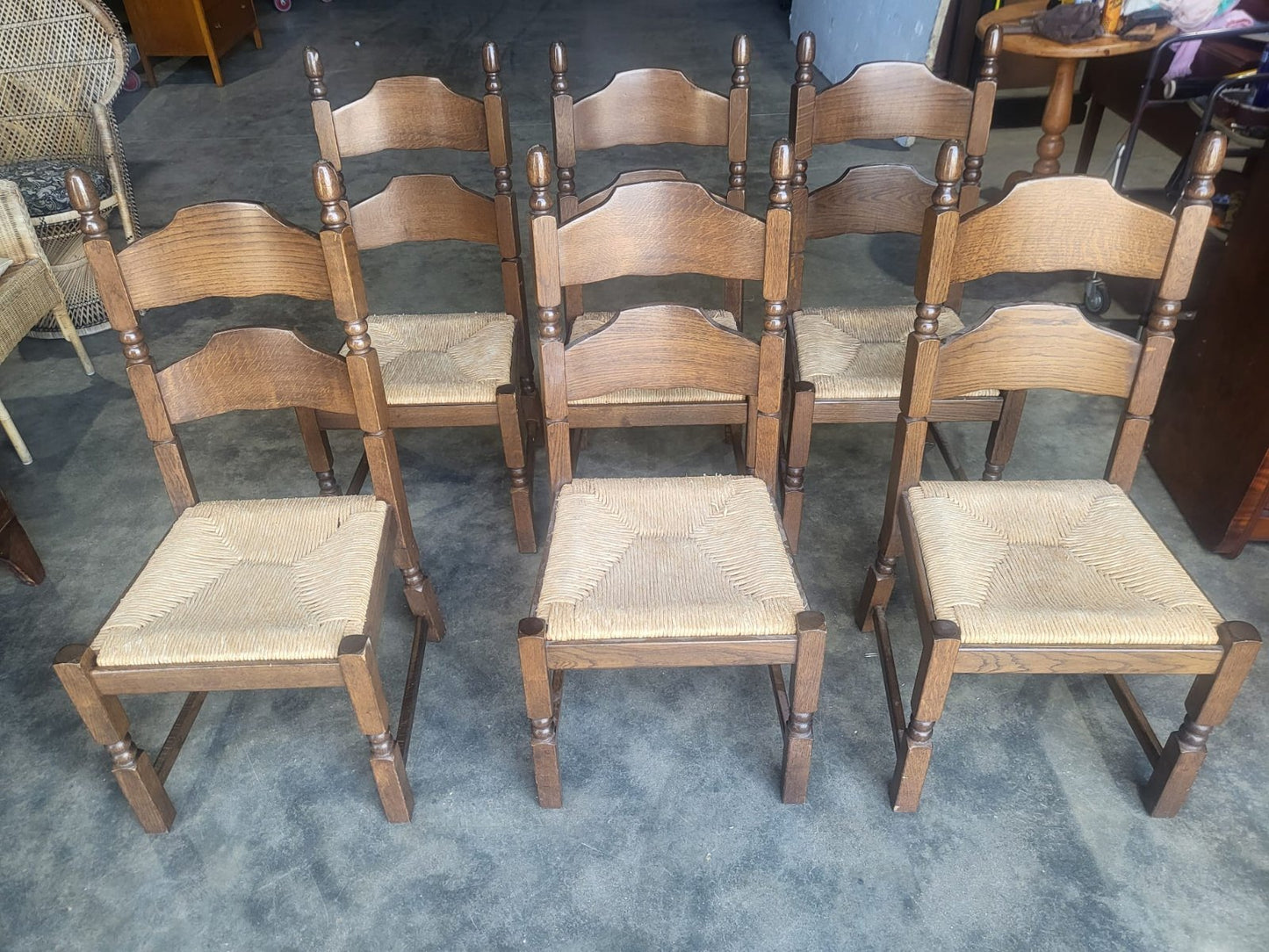 Six rush seat bar back dining chairs cottage style