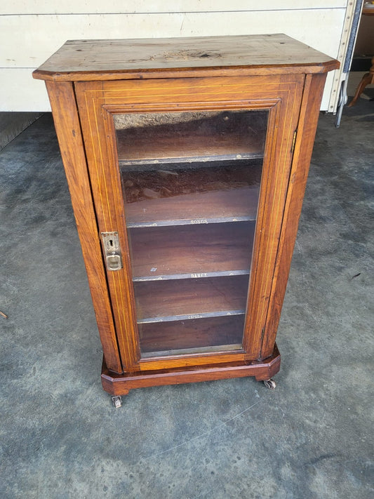 Antique Edwardian inlaid small glazed bookcase music cabinet shelves