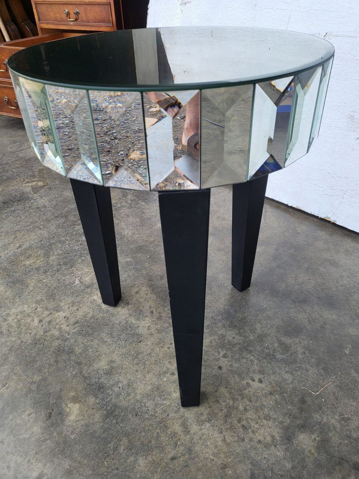 Glass mirrored small side end lamp table black legs