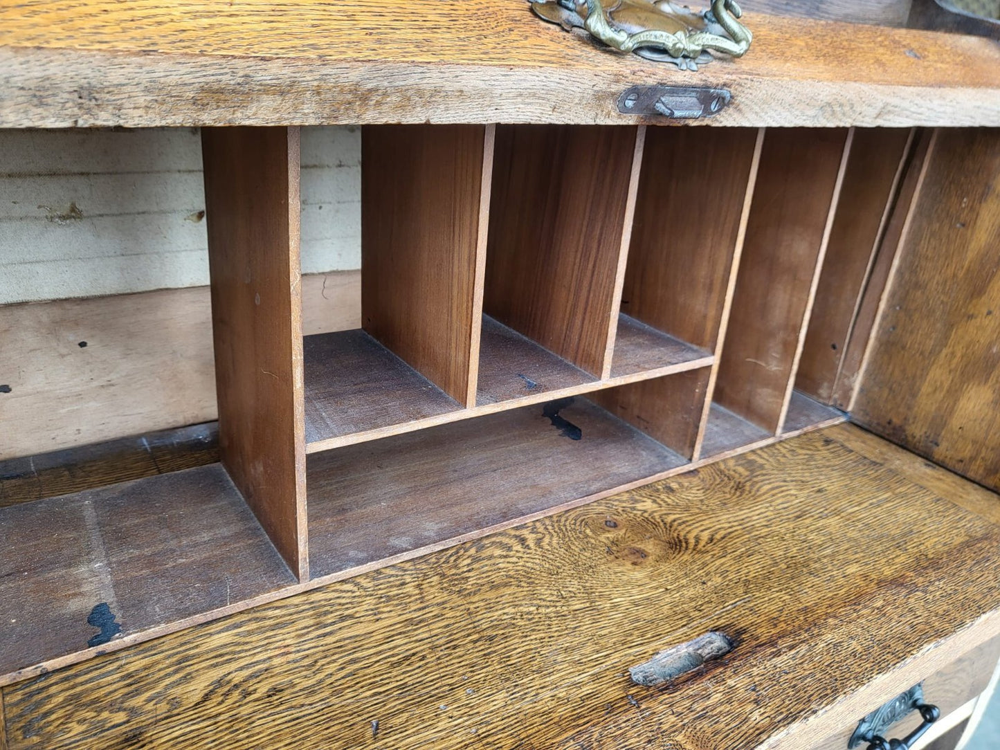 Antique Edwardian small oak roll top students bureau desk
