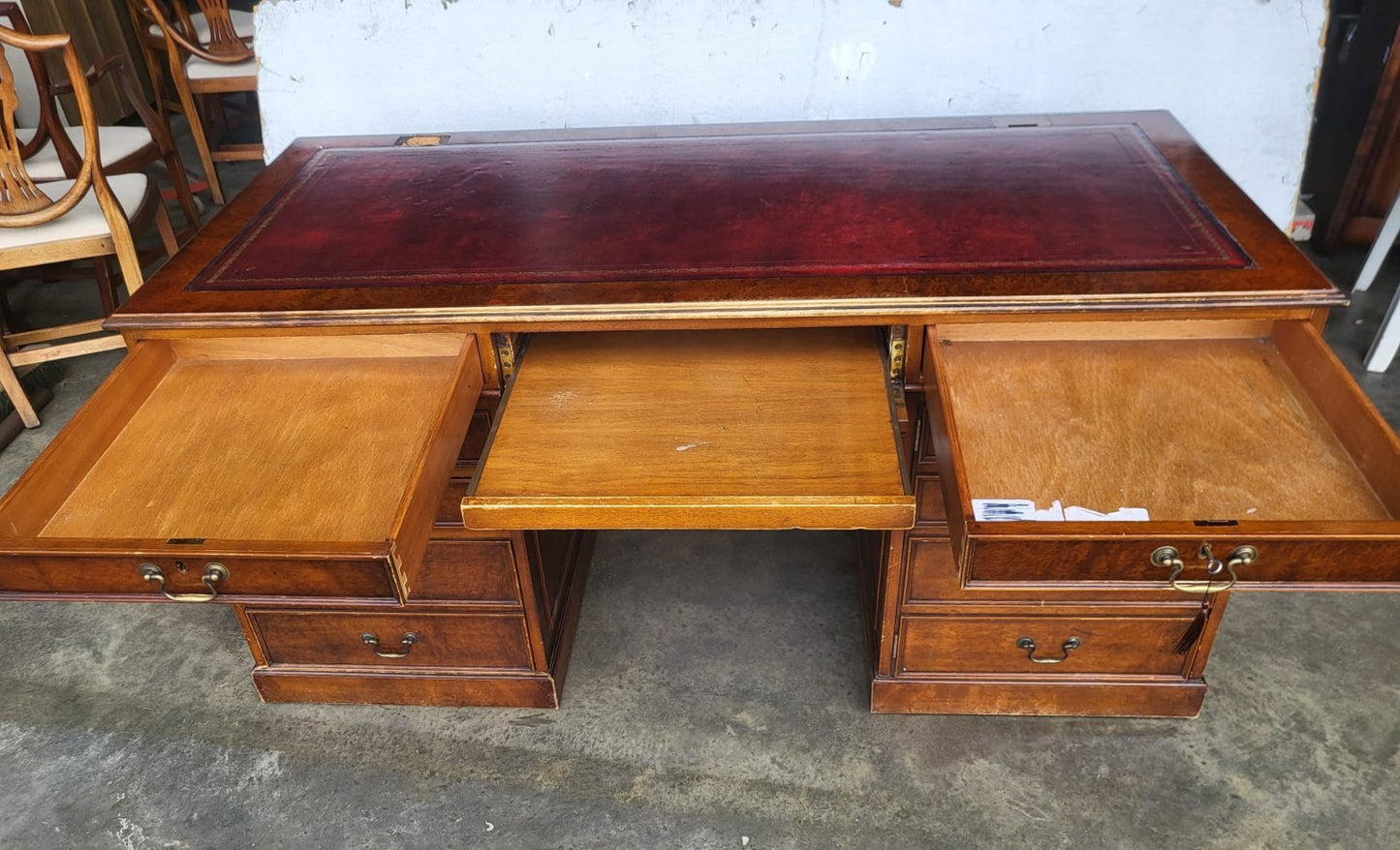 Antique repro large twin pedestal office desk leather top drawers filing