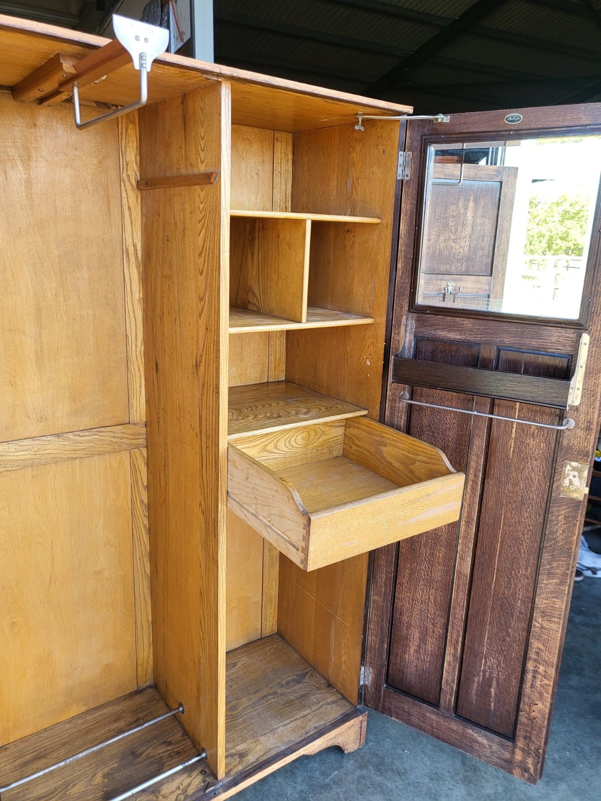Vintage small oak panelled gentleman's wardrobe shelves drawer