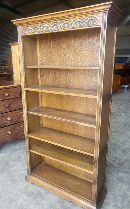 Antique dark oak tall open bookcase adjustable shelves old charm