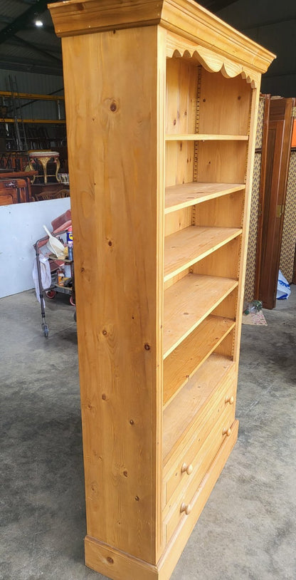 Large pine open bookcase adjustable shelves 2 drawers