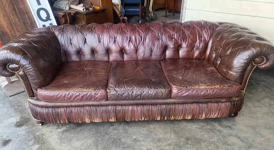 Vintage shabby large 3 seat brown leather Chesterfield sofa