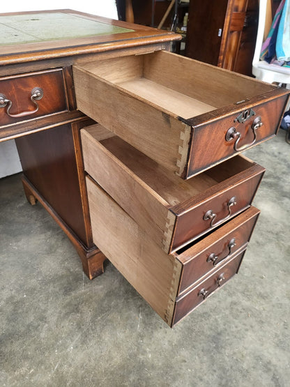 Antique repro small twin pedestal writing desk leather top 8 drawers