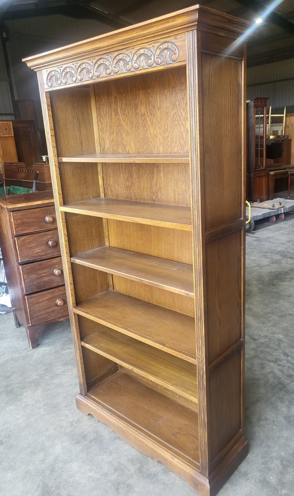 Antique dark oak tall open bookcase adjustable shelves old charm