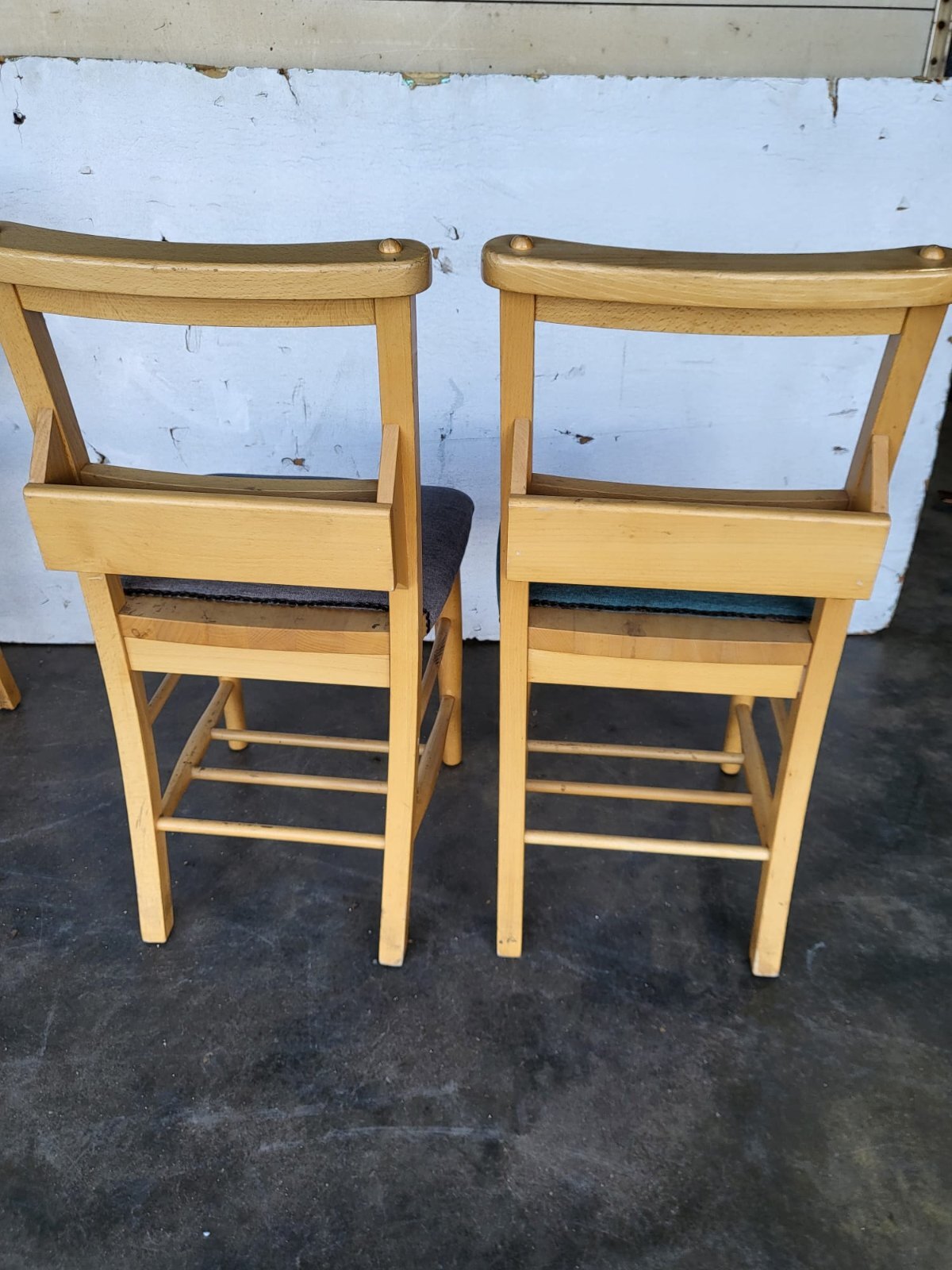 Four small beech church chapel dining chairs upholstered