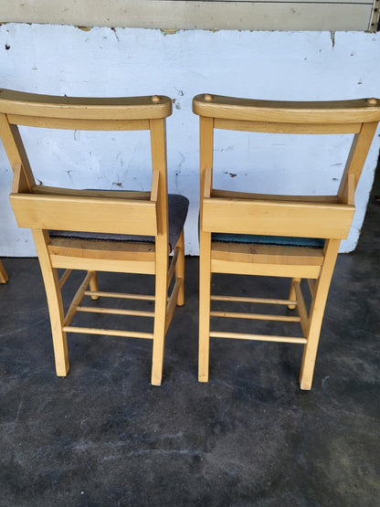 Four small beech church chapel dining chairs upholstered