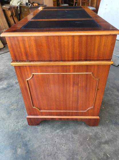 Antique repro small twin pedestal desk drawers cupboard leather top