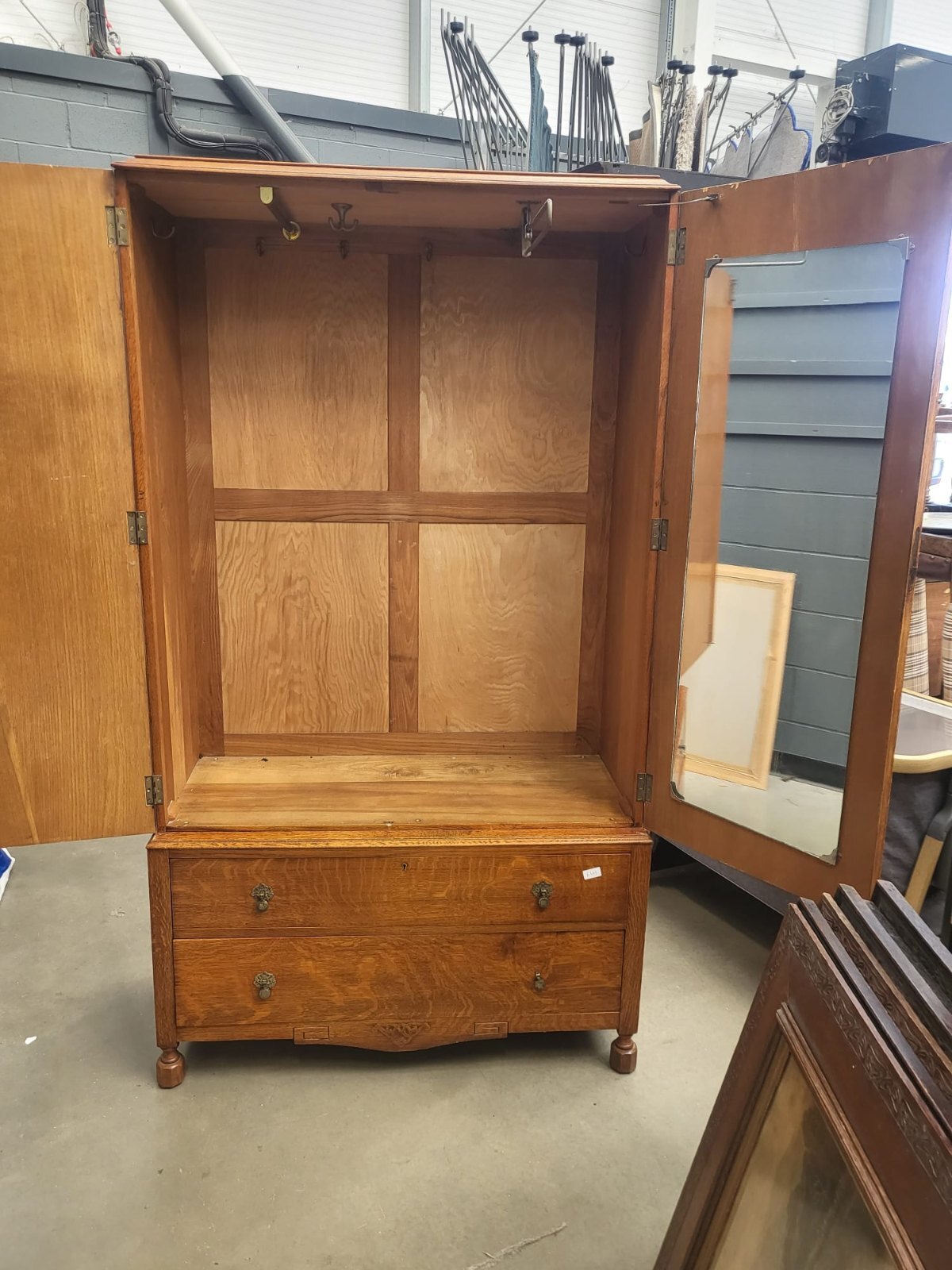 Vintage 1930's oak small wardrobe two drawers bun feet mirror