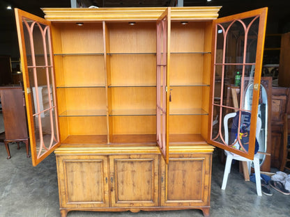 Antique repro large Yew 3 door glazed bookcase display cabinet cupboard shelves