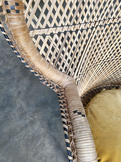 Vintage cane wicker round high back peacock arm chair