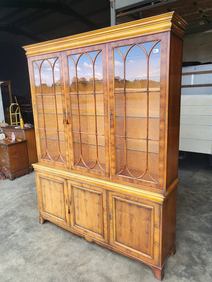Antique repro large Yew 3 door glazed bookcase display cabinet cupboard shelves