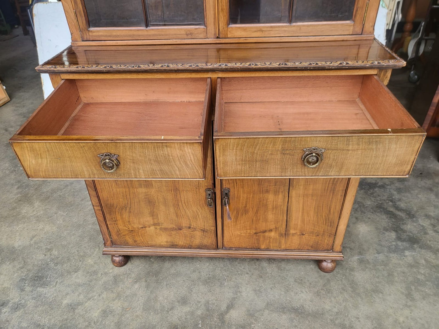 Antique Edwardian glazed bookcase cabinet drawers cupboard shelves