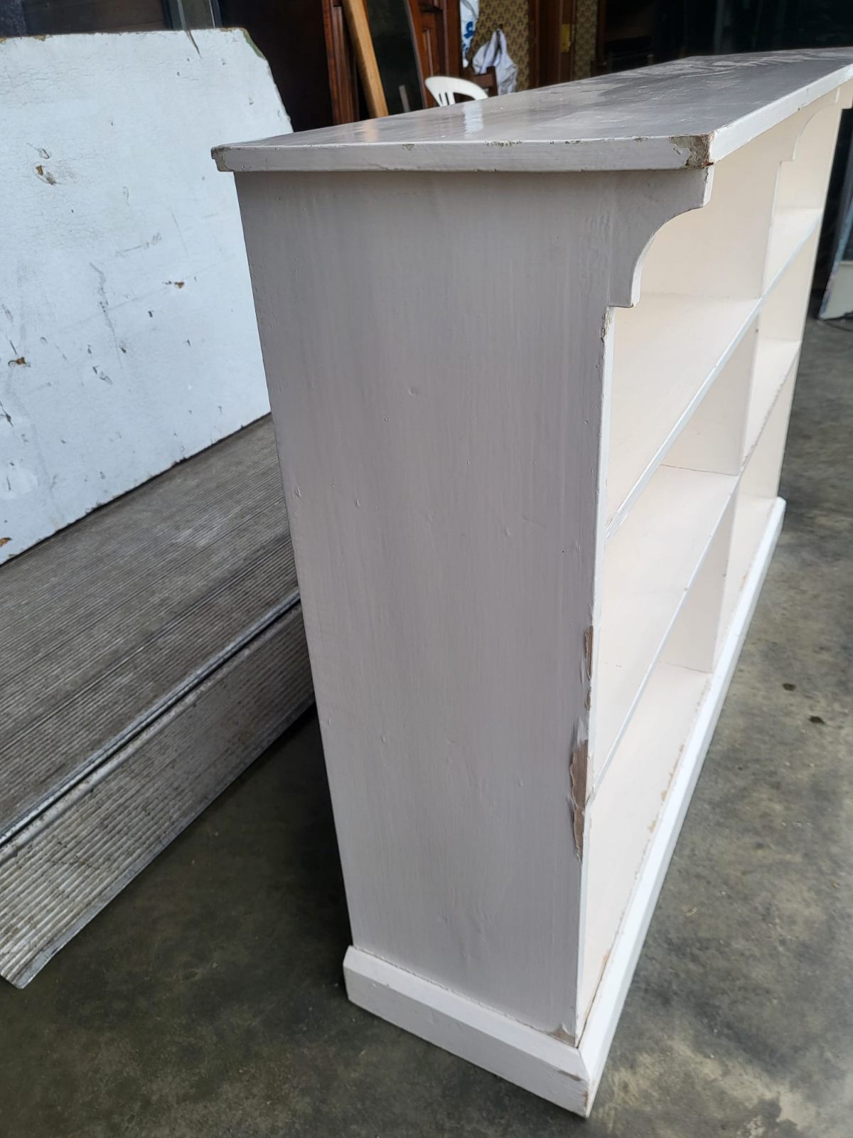 Vintage large low painted white open bookcase six shelves