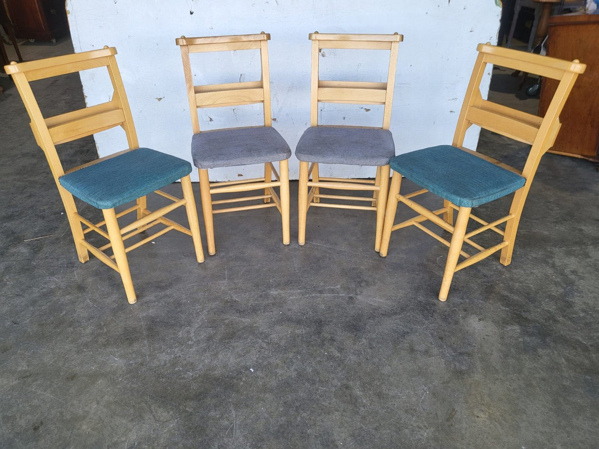 Four small beech church chapel dining chairs upholstered