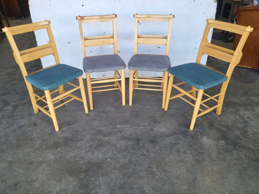 Four small beech church chapel dining chairs upholstered