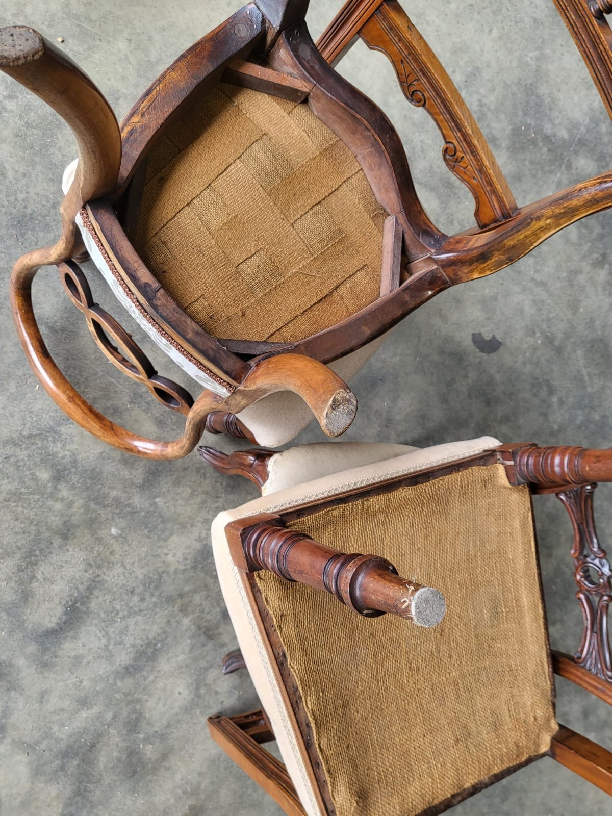 Six antique Victorian mixed dining chairs cream seats