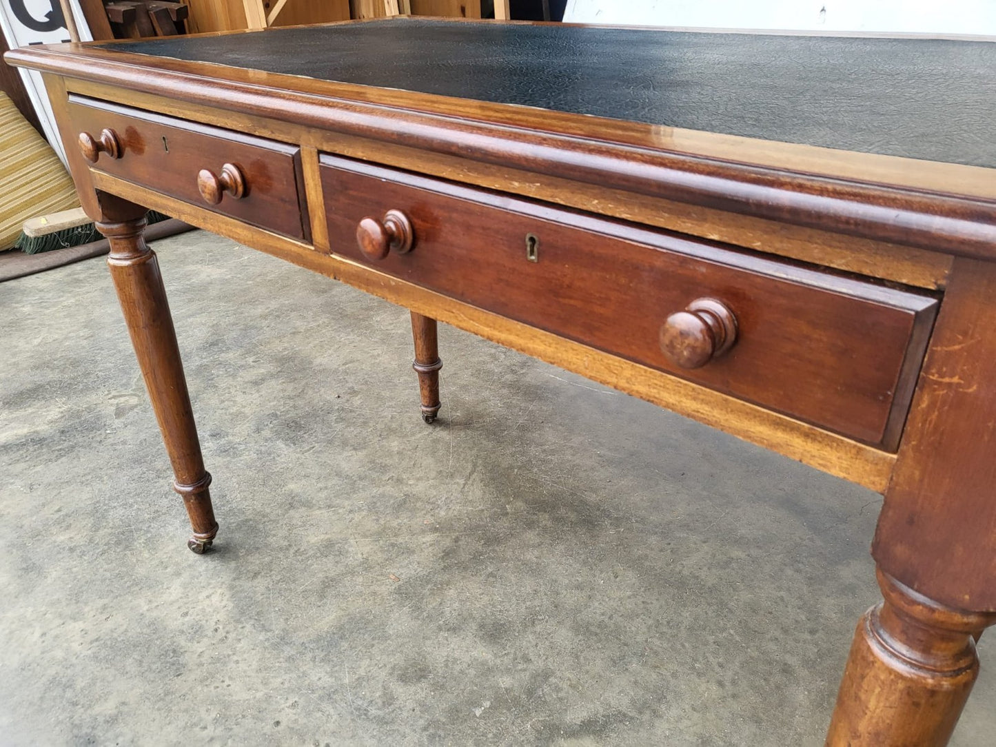 Antique Victorian 2 drawer writing desk table turned legs castors
