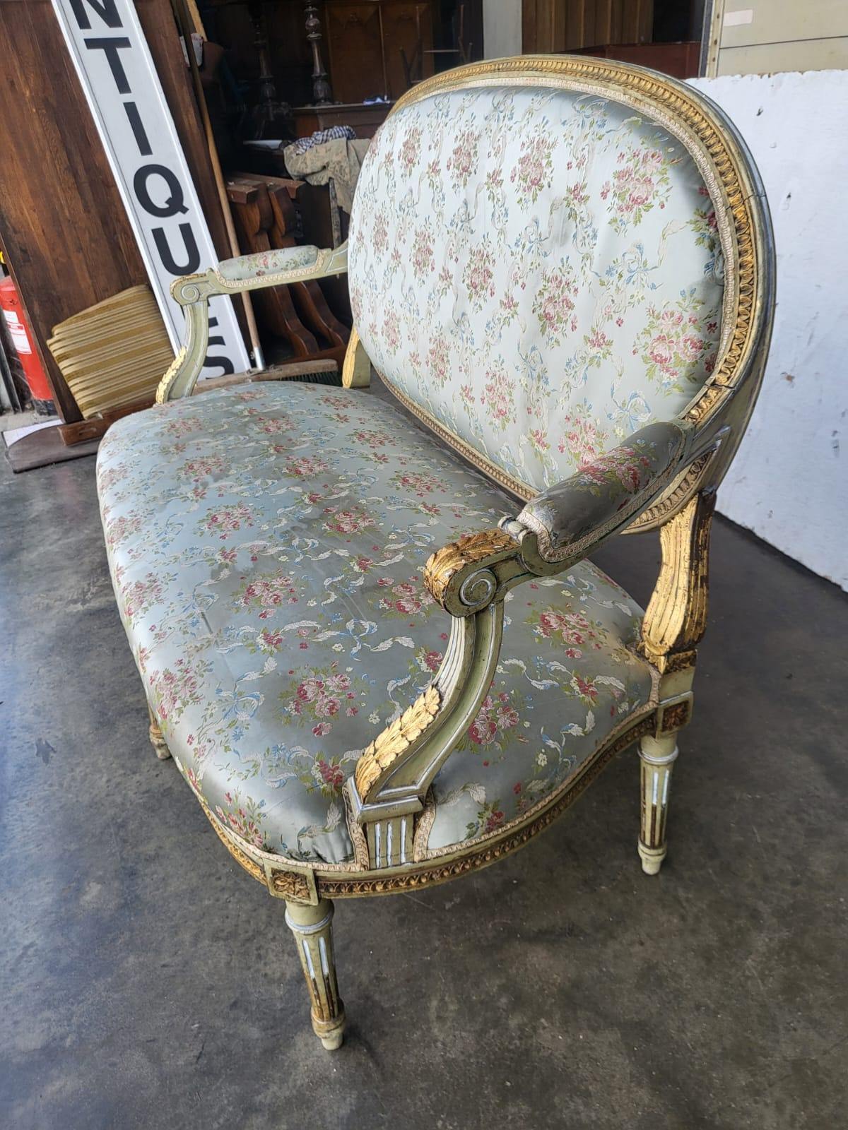 Antique Victorian French wood frame parlour sofa gold silk floral