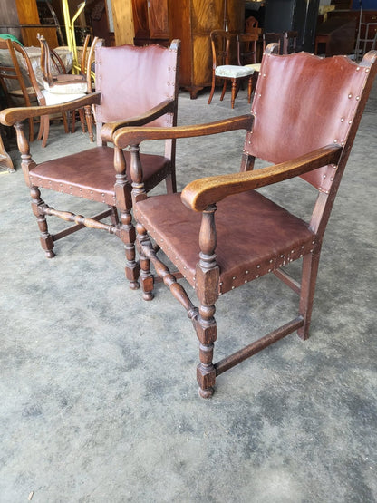Pair vintage two oak carver open dining armchairs pu leather