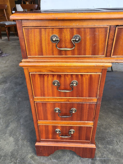 Antique repro small twin pedestal desk drawers cupboard leather top