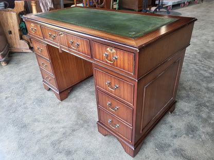 Antique repro small twin pedestal writing desk leather top drawers
