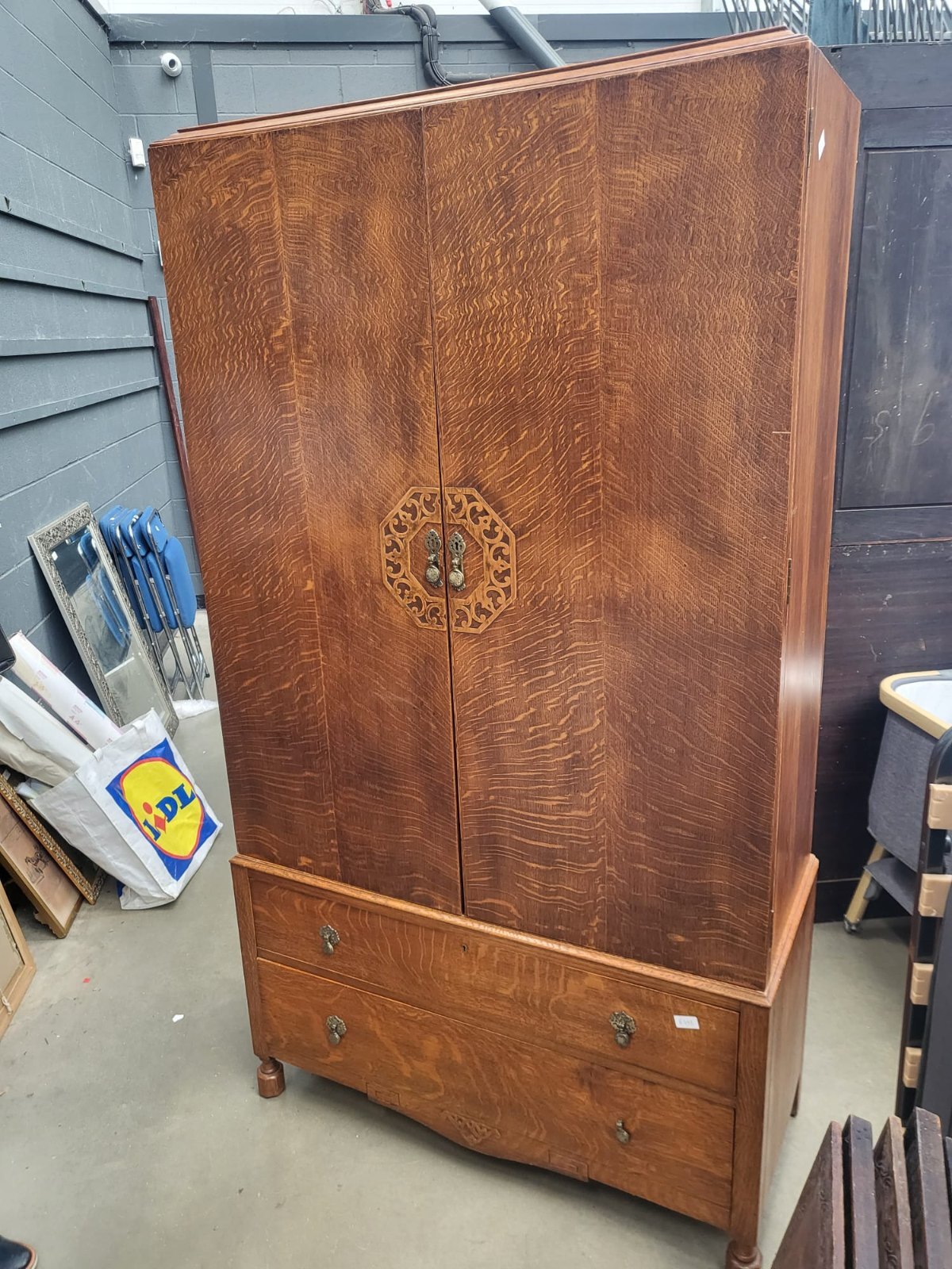 Vintage 1930's oak small wardrobe two drawers bun feet mirror