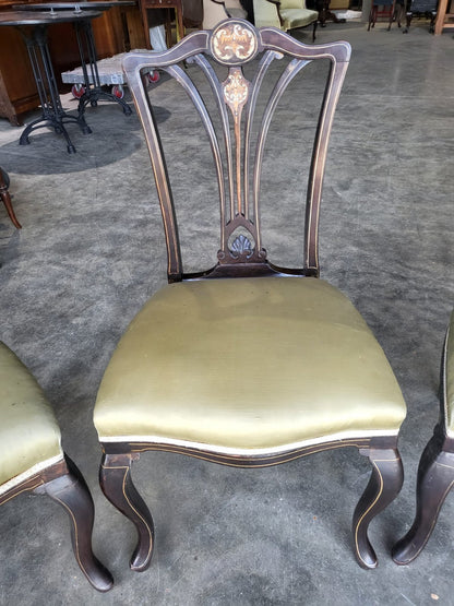 Four Antique Edwardian silk inlaid dining chairs cabriole legs sprung