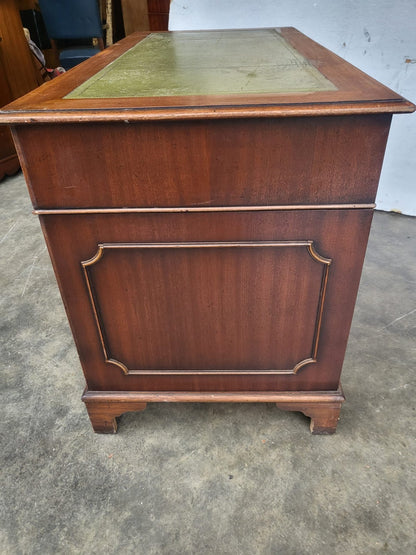 Antique repro small twin pedestal writing desk leather top 8 drawers