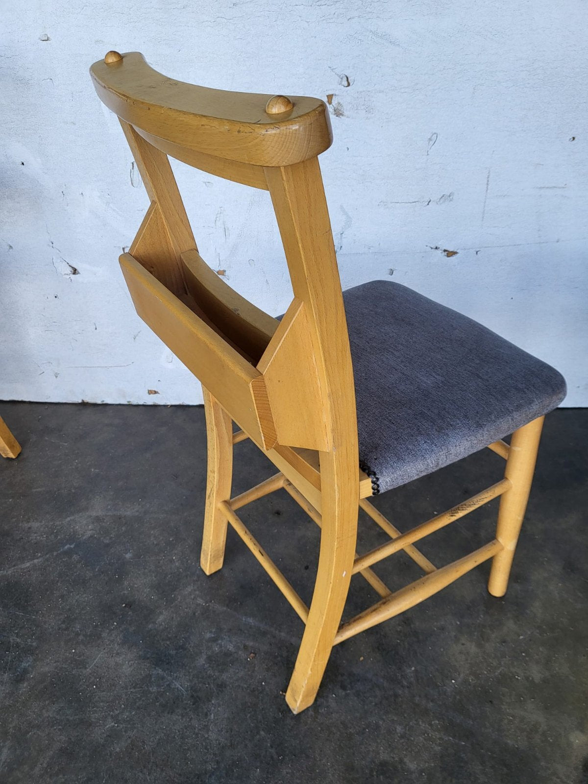 Four small beech church chapel dining chairs upholstered