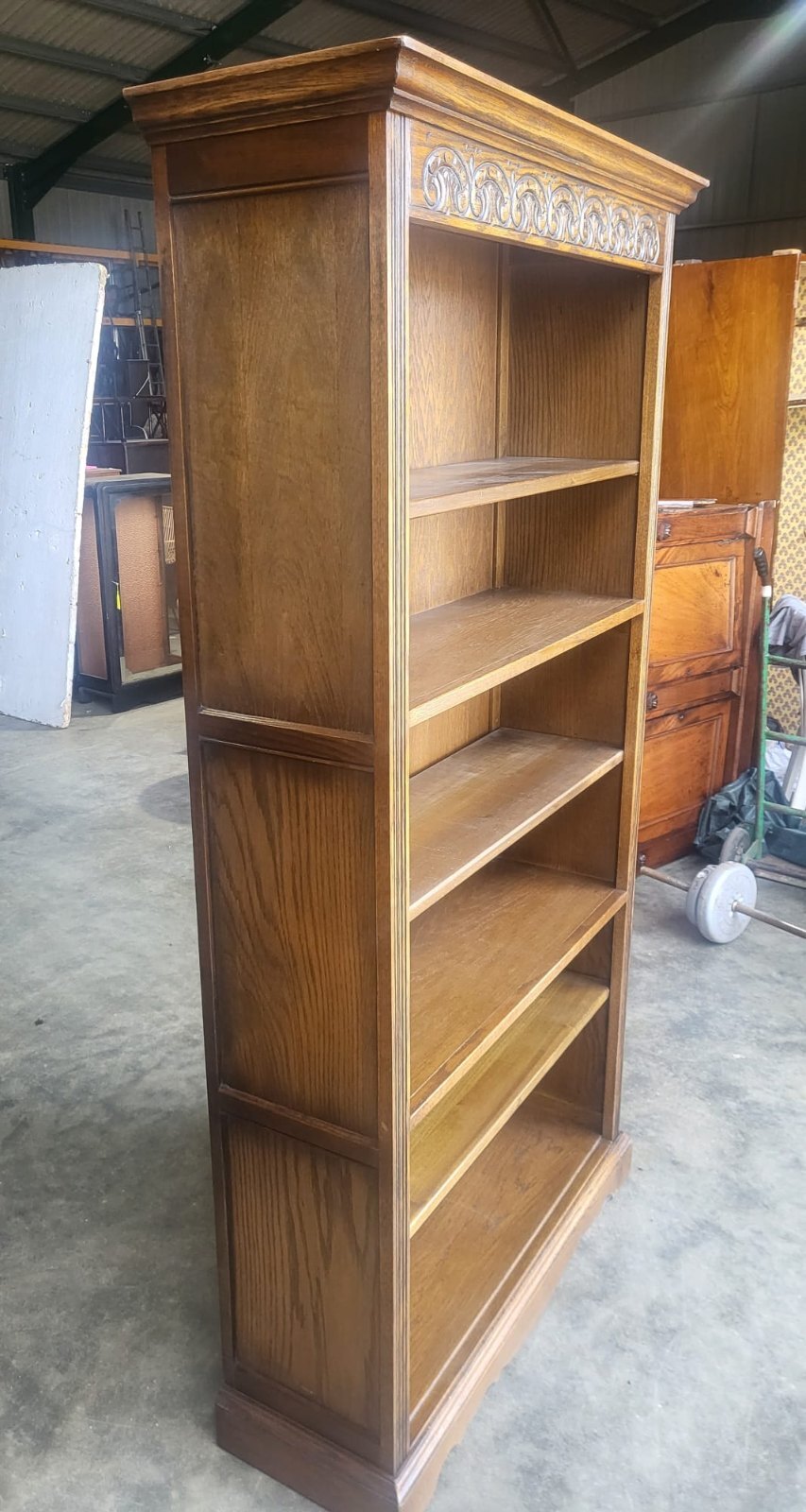 Antique dark oak tall open bookcase adjustable shelves old charm