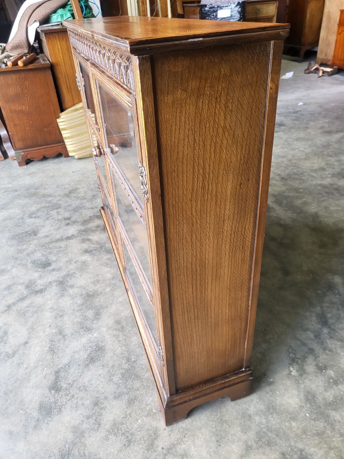 Vintage oak carved 2 door glazed low bookcase cabinet