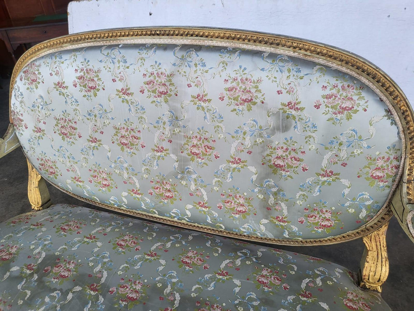 Antique Victorian French wood frame parlour sofa gold silk floral