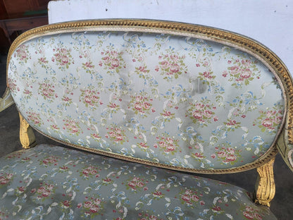 Antique Victorian French wood frame parlour sofa gold silk floral