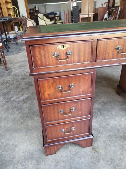 Antique repro small twin pedestal writing desk leather top drawers