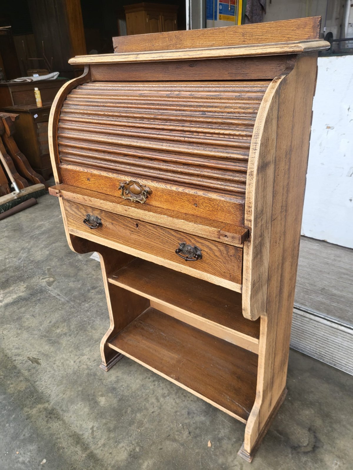 Antique Edwardian small oak roll top students bureau desk