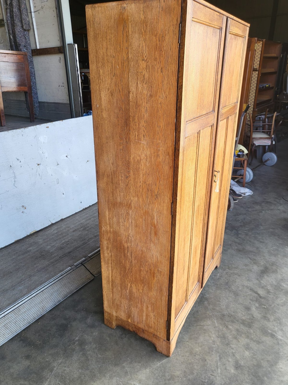 Vintage small oak panelled gentleman's wardrobe shelves drawer