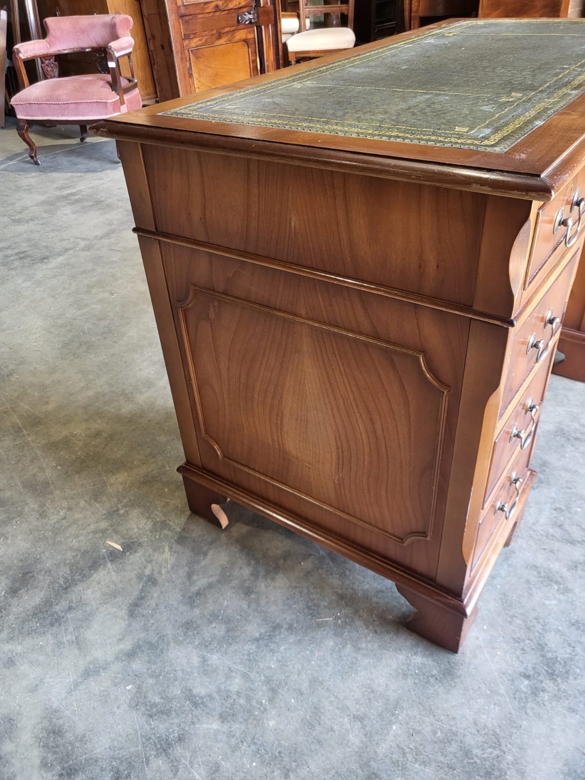 Antique repro Yew small twin pedestal desk leather top