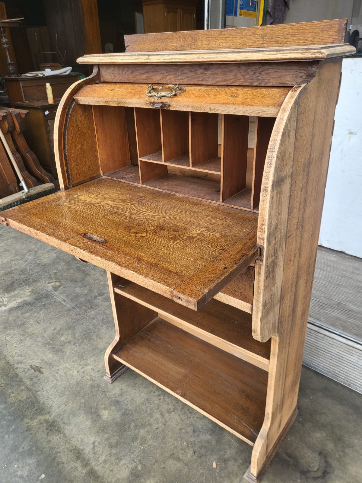 Antique Edwardian small oak roll top students bureau desk