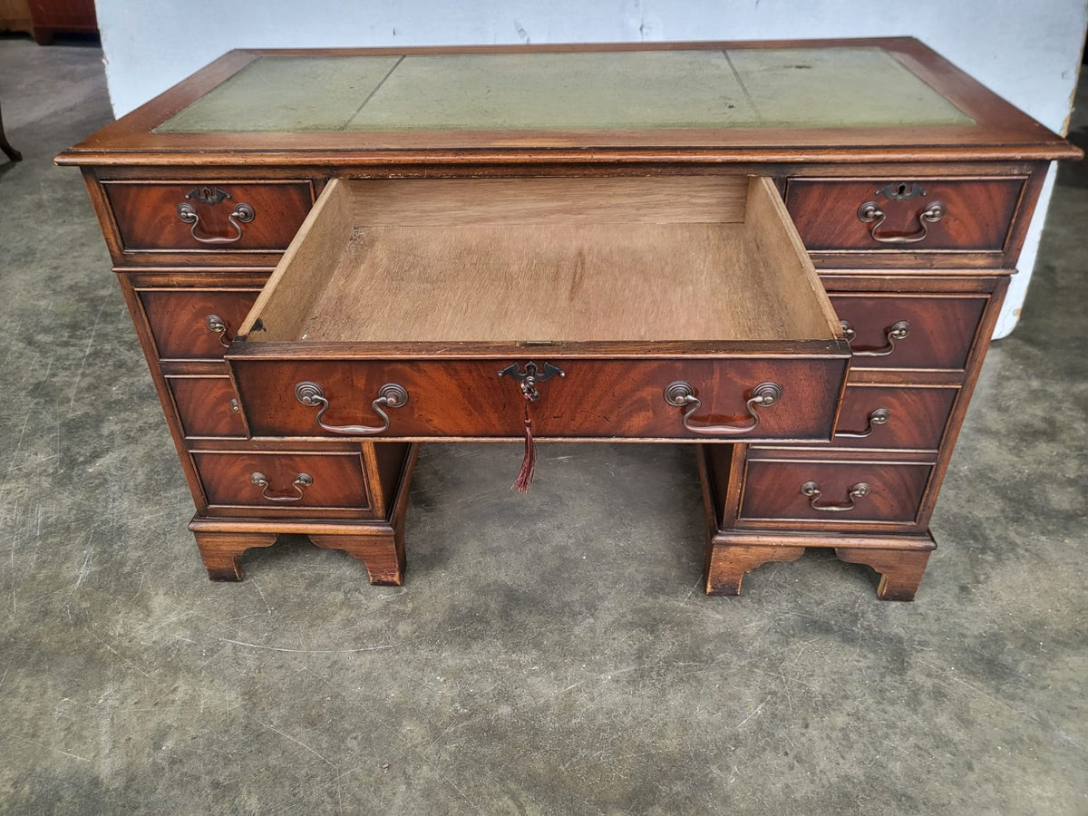 Antique repro small twin pedestal writing desk leather top 8 drawers