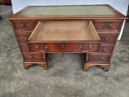 Antique repro small twin pedestal writing desk leather top 8 drawers