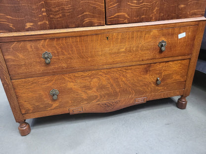 Vintage 1930's oak small wardrobe two drawers bun feet mirror