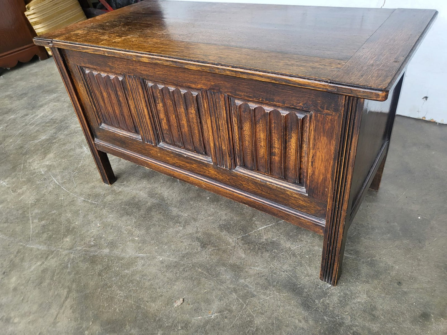 Vintage small panelled oak blanket storage bed end coffer trunk