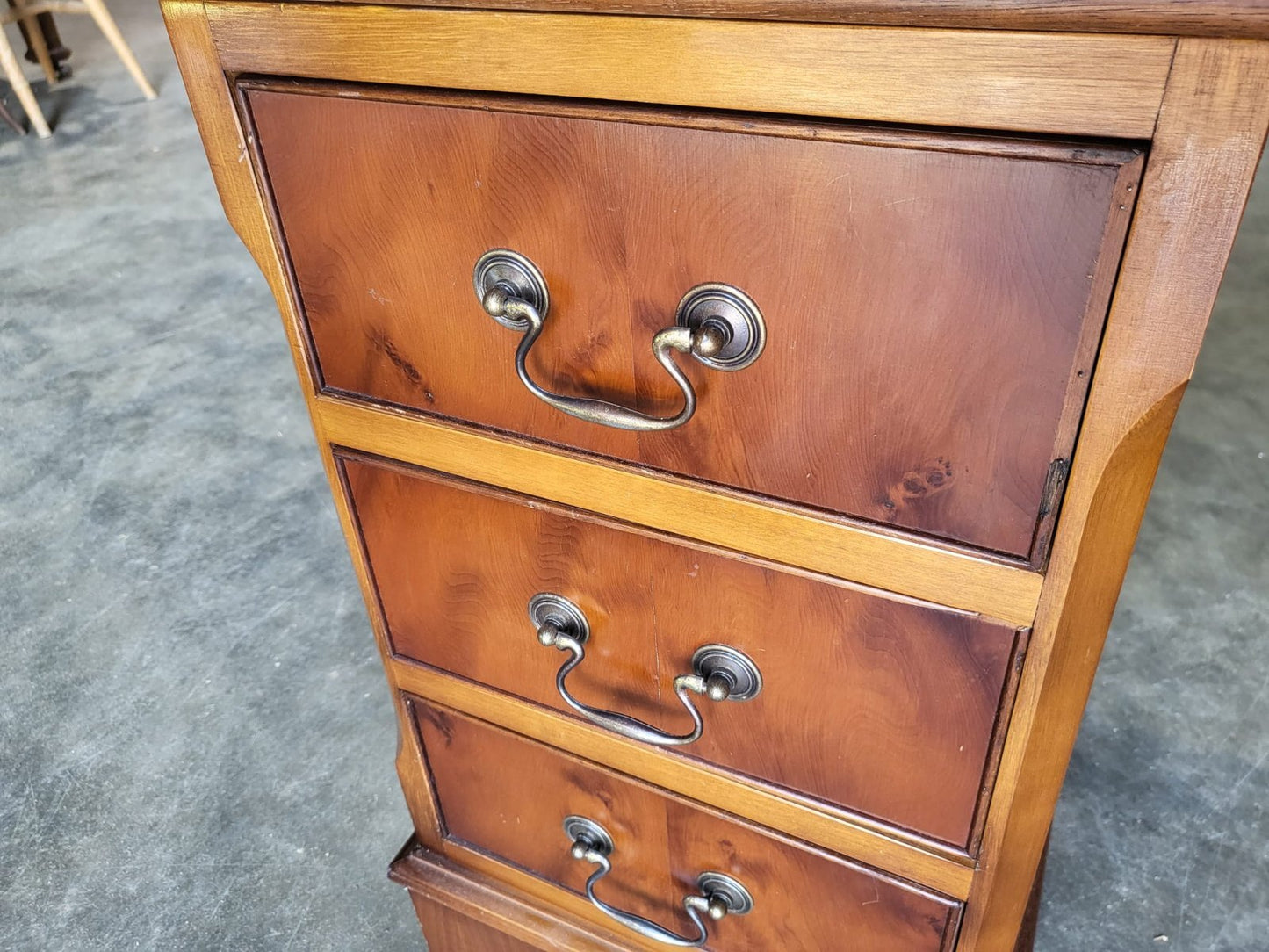 Antique repro Yew small twin pedestal desk leather top