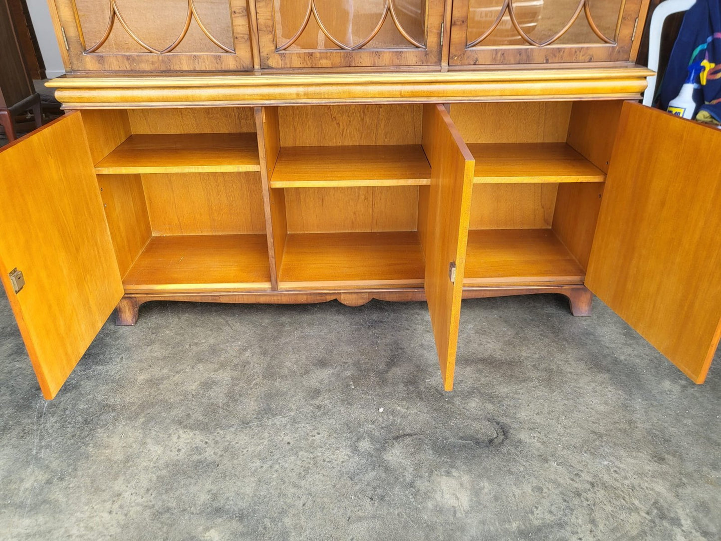 Antique repro large Yew 3 door glazed bookcase display cabinet cupboard shelves